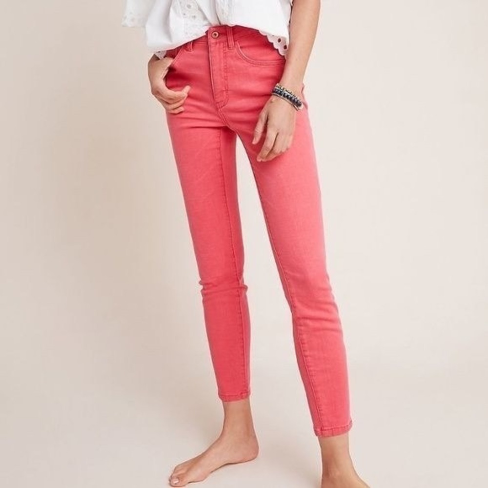 Pilcro and the Letterpress Serif Skinny Mid Rise Ankle Zip Jeans Coral Pink 27
